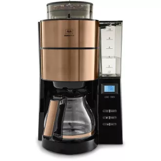 Ekspres do kawy Melitta AromaFresh 1021-04 z młynkiem, tacką ociekową, szklanym dzbankiem, 1180 W, wyświetlaczem, miedziany
