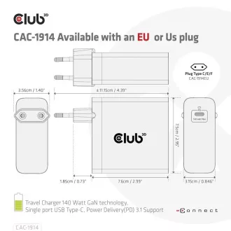 Ładowarka podróżna Club3D USB-C 140W, technologia GaN, 1xUSB-C, obsługa PD 3.1