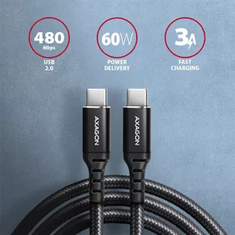 AXAGON BUCM-CM15AB, kabel HQ USB-C <-> USB-C, 1,5 m, USB 2.0, PD 60W 3A, ALU, oplot, czarny AXAGON BUCM-CM15AB, kabel HQ USB-C <-> USB-C, 1,5 m, USB 2.0, PD 60W 3A, ALU, oplot, czarny