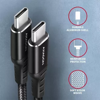 AXAGON BUCM-CM15AB, kabel HQ USB-C <-> USB-C, 1,5 m, USB 2.0, PD 60W 3A, ALU, oplot, czarny AXAGON BUCM-CM15AB, kabel HQ USB-C <-> USB-C, 1,5 m, USB 2.0, PD 60W 3A, ALU, oplot, czarny