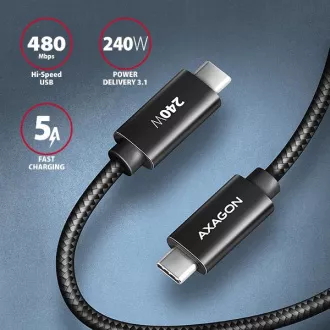 AXAGON BUCM2-CM15AB, kabel CHARGE USB-C <-> USB-C, 1,5 m, Hi-Speed USB, PD 240W 5A, ALU, oplot, czarny