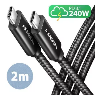 AXAGON BUCM2-CM20AB, kabel CHARGE USB-C <-> USB-C, 2m, Hi-Speed USB, PD 240W 5A, ALU, oplot, czarny