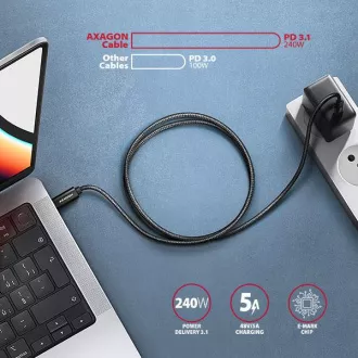 AXAGON BUCM2-CM25AB, kabel CHARGE USB-C <-> USB-C, 2,5 m, Hi-Speed USB, PD 240W 5A, ALU, oplot, czarny