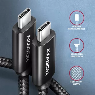 AXAGON BUCM2-CM30AB, kabel CHARGE USB-C <-> USB-C, 3m, Hi-Speed USB, PD 240W 5A, ALU, oplot, czarny