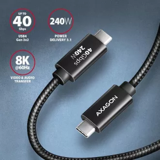 Kabel AXAGON BUCM4X-CM10AB NewGEN  USB-C <-> USB-C, 1m, USB4 Gen 3×2, PD 240W 5A, 8K HD, ALU, oplot, czarny