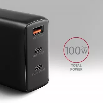 AXAGON ACU-DPQ100, ładowarka sieciowa GaN 100W, 3x port (USB-A   podwójny USB-C), PD3.0/PPS/QC4 /Apple, czarna