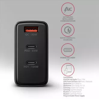 AXAGON ACU-DPQ100, ładowarka sieciowa GaN 100W, 3x port (USB-A   podwójny USB-C), PD3.0/PPS/QC4 /Apple, czarna