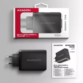AXAGON ACU-DPQ100, ładowarka sieciowa GaN 100W, 3x port (USB-A   podwójny USB-C), PD3.0/PPS/QC4 /Apple, czarna