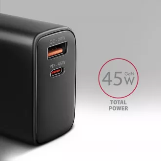 Ładowarka sieciowa AXAGON ACU-PQ45 GaN 45W, 2x port (USB-A   USB-C), PD3.0/PPS/QC4 /SFC 2.0/AFC/Apple
