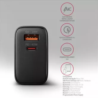 Ładowarka sieciowa AXAGON ACU-PQ45 GaN 45W, 2x port (USB-A   USB-C), PD3.0/PPS/QC4 /SFC 2.0/AFC/Apple