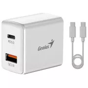 Zestaw ładujący GENIUS PD-20ACP, 20 W, szybkie ładowanie, USB-C PD3.0, USB-A QC3.0, kabel USB-C USB-C 1 m, biały