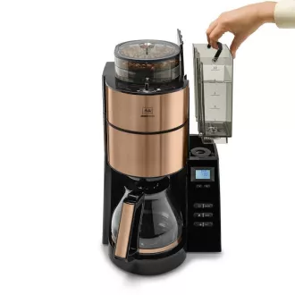 Ekspres do kawy Melitta AromaFresh 1021-04 z młynkiem, tacką ociekową, szklanym dzbankiem, 1180 W, wyświetlaczem, miedziany