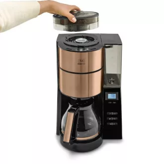 Ekspres do kawy Melitta AromaFresh 1021-04 z młynkiem, tacką ociekową, szklanym dzbankiem, 1180 W, wyświetlaczem, miedziany