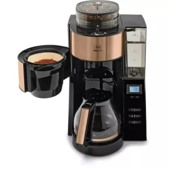 Ekspres do kawy Melitta AromaFresh 1021-04 z młynkiem, tacką ociekową, szklanym dzbankiem, 1180 W, wyświetlaczem, miedziany