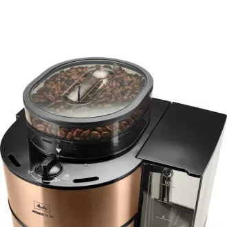 Ekspres do kawy Melitta AromaFresh 1021-04 z młynkiem, tacką ociekową, szklanym dzbankiem, 1180 W, wyświetlaczem, miedziany