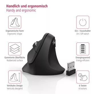Hama pionowa ergonomiczna mysz bezprzewodowa EMW-500, 6 przycisków, czarna Hama pionowa ergonomiczna mysz bezprzewodowa EMW-500, 6 przycisków, czarna