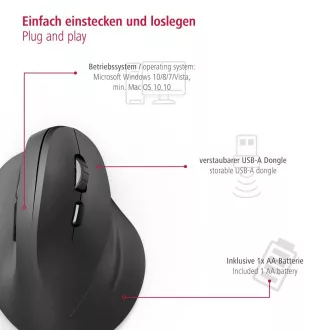 Hama pionowa ergonomiczna mysz bezprzewodowa EMW-500, 6 przycisków, czarna Hama pionowa ergonomiczna mysz bezprzewodowa EMW-500, 6 przycisków, czarna