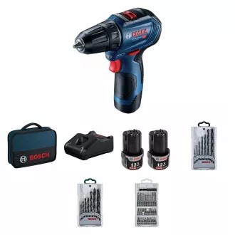 BOSCH GSR 12V-30, akumulatorowa wkrętarko-wiertarka, 0 - 420 / 0 - 1.600 obr/min, 8 mm, zestaw bitów i wierteł, torba