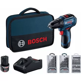 BOSCH GSR 12V-30, akumulatorowa wkrętarko-wiertarka, 0 - 420 / 0 - 1.600 obr/min, 8 mm, zestaw bitów i wierteł, torba