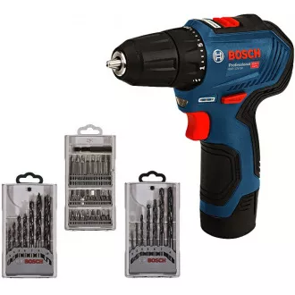 BOSCH GSR 12V-30, akumulatorowa wkrętarko-wiertarka, 0 - 420 / 0 - 1.600 obr/min, 8 mm, zestaw bitów i wierteł, torba