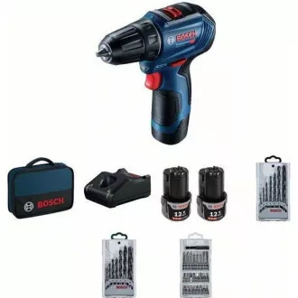 BOSCH GSR 12V-30, akumulatorowa wkrętarko-wiertarka, 0 - 420 / 0 - 1.600 obr/min, 8 mm, zestaw bitów i wierteł, torba