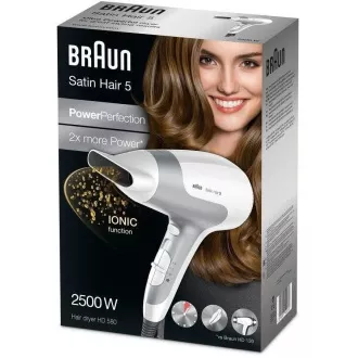 Suszarka do włosów Braun Satin Hair 5 HD580, 2500 W, 2 prędkości, 3 temperatury, uchwyt do zawieszania, biała