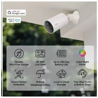 Kamera zewnętrzna TP-Link Tapo C410 (3MP, 2K QHD, 1296p, IR 9m, WiFi, karta micro SD, IP65) Kamera zewnętrzna TP-Link Tapo C410 (3MP, 2K QHD, 1296p, IR 9m, WiFi, karta micro SD, IP65)