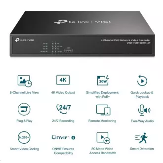 TP-Link VIGI NVR1004H-4P, rejestrator wideo, 4 kanały, 4xPoE, 1xSATA, 1x100Mb/s LAN, 2xUSB2.0, 1xHDMI, 1xVGA