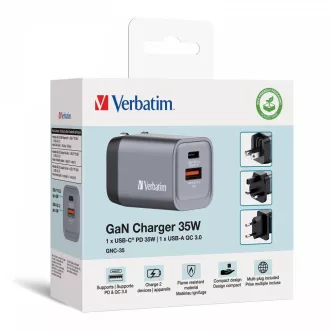 Ładowarka sieciowa VERBATIM GaN GNC-35, 35 W, 1x USB-C, 1x USB Ładowarka sieciowa VERBATIM GaN GNC-35, 35 W, 1x USB-C, 1x USB