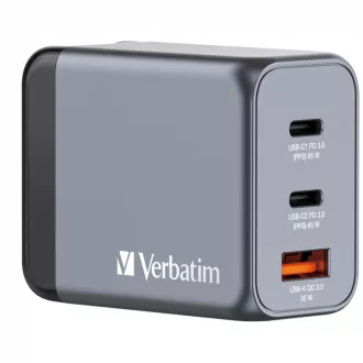 Ładowarka sieciowa VERBATIM GaN GNC-65, 65 W, 2x USB-C, 1x USB Ładowarka sieciowa VERBATIM GaN GNC-65, 65 W, 2x USB-C, 1x USB