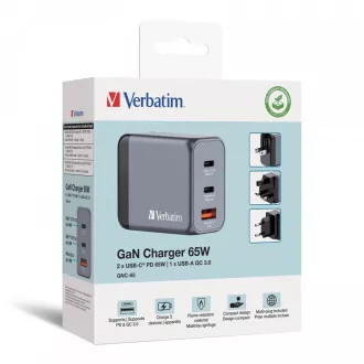 Ładowarka sieciowa VERBATIM GaN GNC-65, 65 W, 2x USB-C, 1x USB Ładowarka sieciowa VERBATIM GaN GNC-65, 65 W, 2x USB-C, 1x USB