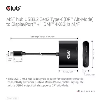Hub Club3D MST (Multi Stream Transport) USB3.2 Gen2 Type-C (DP Alt-Mode) do DisplayPort   HDMI 4K60Hz (M/F)
