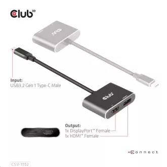 Hub Club3D MST (Multi Stream Transport) USB3.2 Gen2 Type-C (DP Alt-Mode) do DisplayPort   HDMI 4K60Hz (M/F)