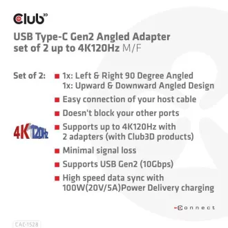 Zestaw 2 adapterów kątowych Club3D USB-C Gen2, 4K120Hz, 240W, (M/F)