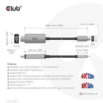 Kabel Club3D USB-C do HDMI, 4K120Hz 8K60Hz HDR10 z DSC1.2, aktywny kabel, M/M, 3m