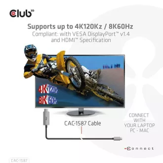 Kabel Club3D USB-C do HDMI, 4K120Hz 8K60Hz HDR10 z DSC1.2, aktywny kabel, M/M, 3m