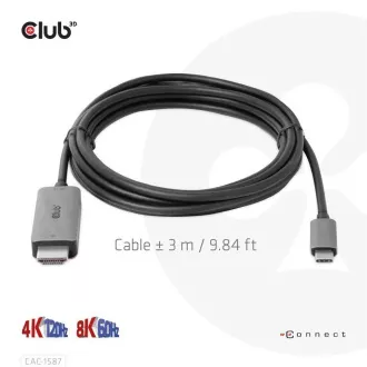 Kabel Club3D USB-C do HDMI, 4K120Hz 8K60Hz HDR10 z DSC1.2, aktywny kabel, M/M, 3m