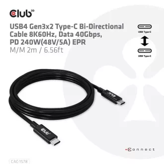 Club3D Kabel USB4 Gen3x2 Type-C odwracalny 8K60Hz, dane 40 Gb/s, PD 240W(48V/5A) EPR M/M 2m