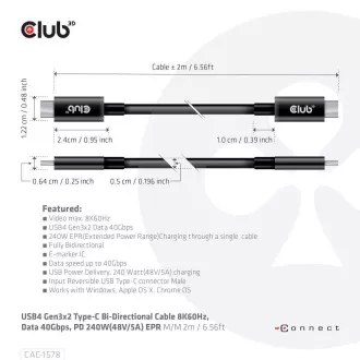 Club3D Kabel USB4 Gen3x2 Type-C odwracalny 8K60Hz, dane 40 Gb/s, PD 240W(48V/5A) EPR M/M 2m