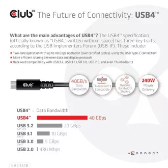 Club3D Kabel USB4 Gen3x2 Type-C odwracalny 8K60Hz, dane 40 Gb/s, PD 240W(48V/5A) EPR M/M 2m