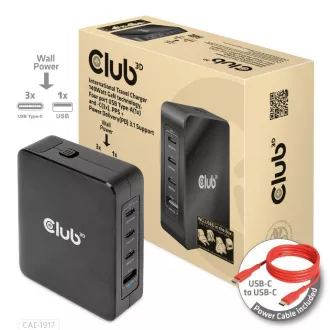 Ładowarka podróżna Club3D 140W, technologia GaN, 3xUSB-C, 1xUSB-A, obsługa PPS   PD 3.1