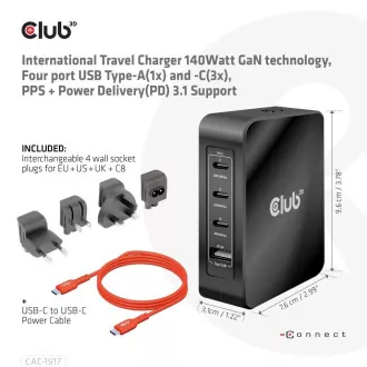 Ładowarka podróżna Club3D 140W, technologia GaN, 3xUSB-C, 1xUSB-A, obsługa PPS   PD 3.1