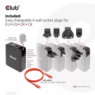 Ładowarka podróżna Club3D 140W, technologia GaN, 3xUSB-C, 1xUSB-A, obsługa PPS   PD 3.1