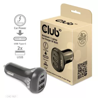 Ładowarka samochodowa Club3D do laptopów 36 W, 3 porty (2xUSB-A   USB-C)