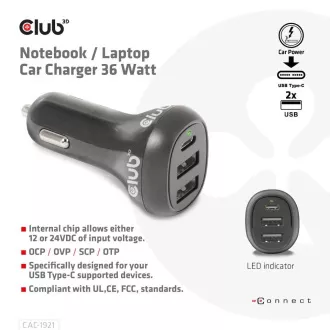 Ładowarka samochodowa Club3D do laptopów 36 W, 3 porty (2xUSB-A   USB-C)