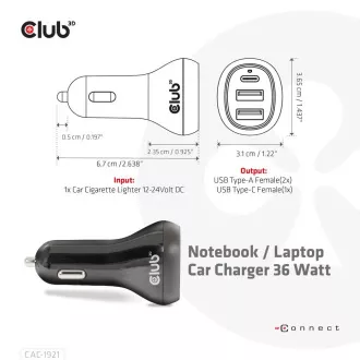 Ładowarka samochodowa Club3D do laptopów 36 W, 3 porty (2xUSB-A   USB-C)
