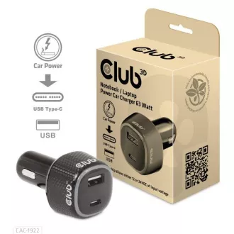 Ładowarka samochodowa Club3D do laptopów 63 W, 2 porty (USB-A   USB-C)