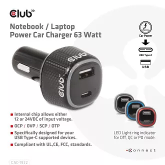 Ładowarka samochodowa Club3D do laptopów 63 W, 2 porty (USB-A   USB-C)