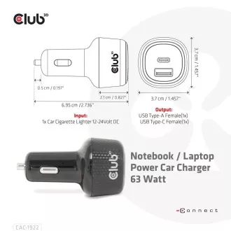 Ładowarka samochodowa Club3D do laptopów 63 W, 2 porty (USB-A   USB-C)