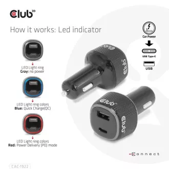 Ładowarka samochodowa Club3D do laptopów 63 W, 2 porty (USB-A   USB-C)